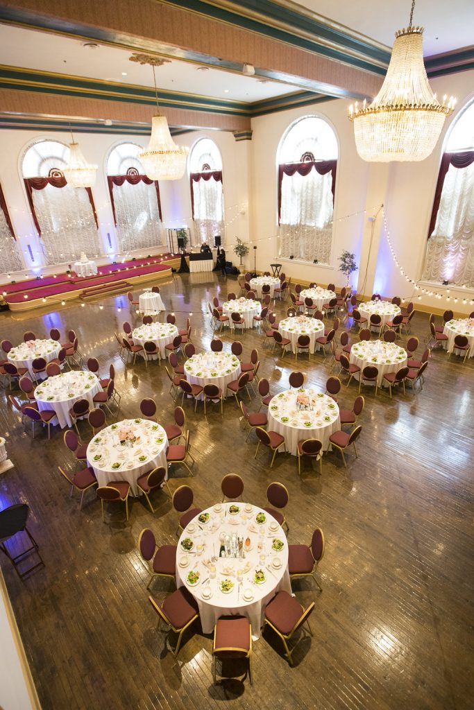 covid event space table setting wedding event chandelier reception venue ballroom historic ballroom